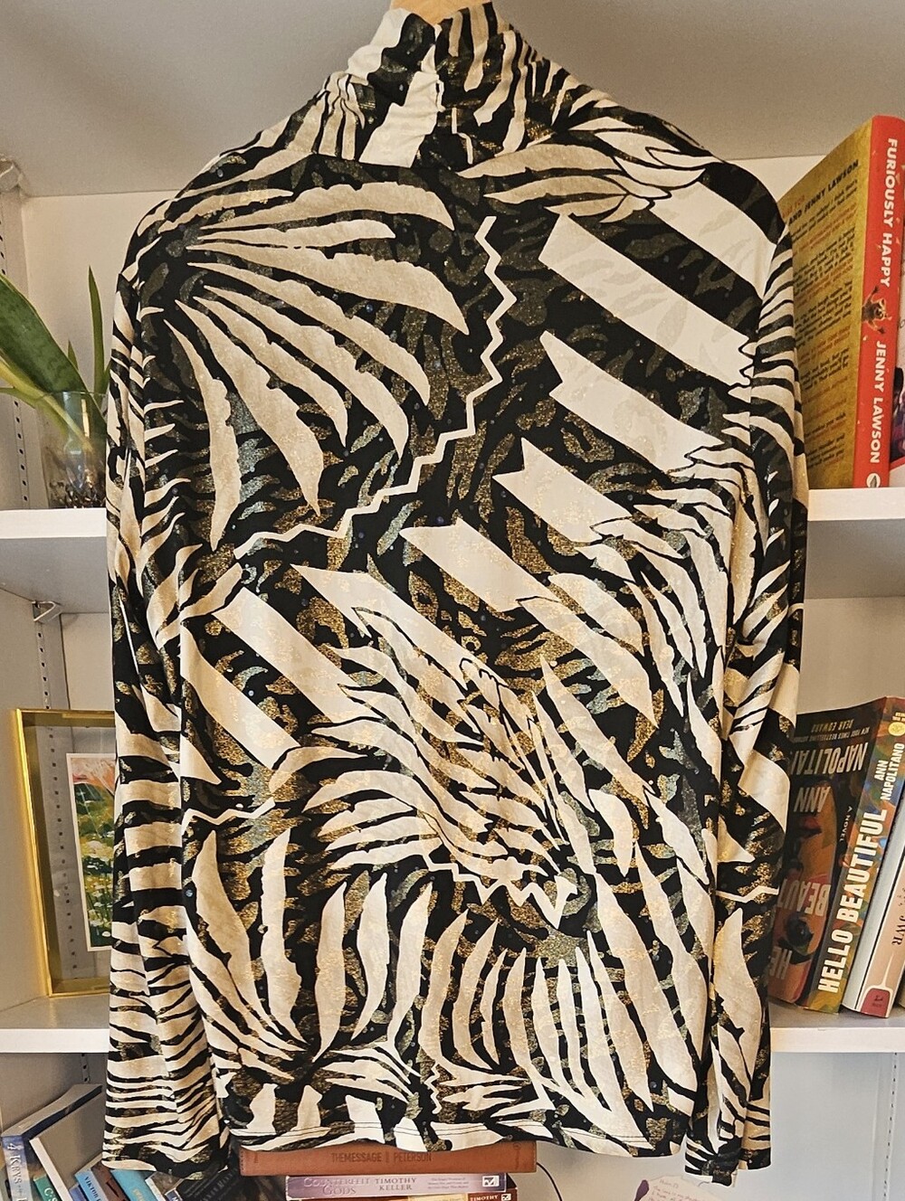 Vintage Joseph Ribkoff Blouse Zebra Print Black Cream Gold Top Size XL / 16 Glam - Picture 7 of 7